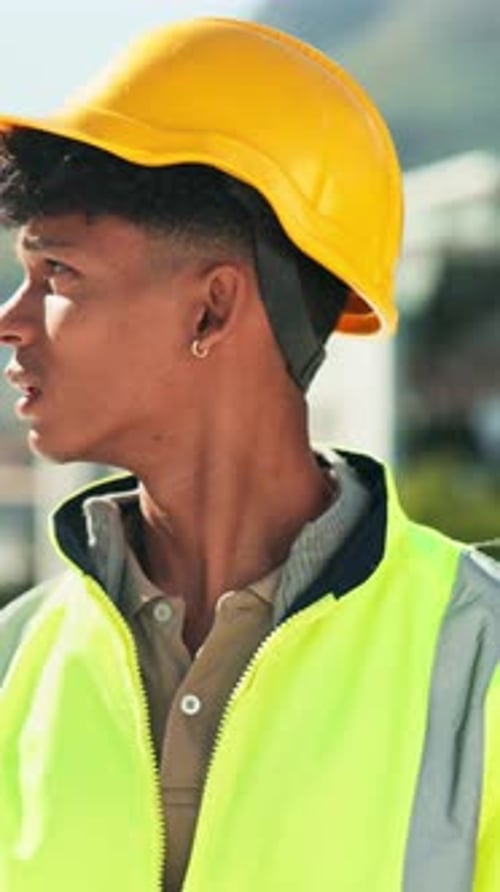 Building, inspection and thinking with construction worker man outdoor in city for civil