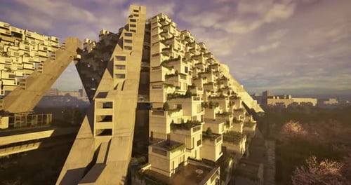 La estructura arquitectónica muestra un diseño moderno con niveles de terrazas en la ciudad