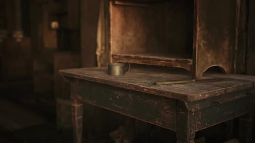 Rustic Wooden Table with a Metal Mug and an Empty Cupboard in a Dim Room