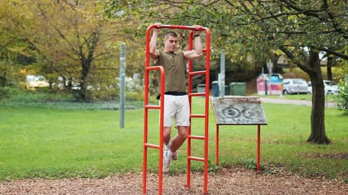 Muscular athletic man training with pull-ups on piece of sports equipment in park