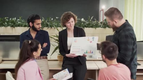 young curly business lady gives a presentation to her colleagues in the office