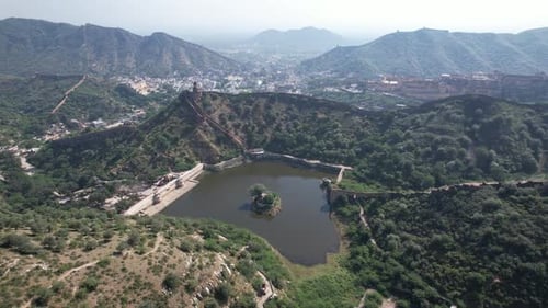 Drone shot of Amer Sagar Lake next to Amer fort and jaigadh fort in amer Jaipur Rajasthan