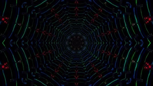 3D Animated digital abstract. Colorful curved and circular lines on black background, seamless loop