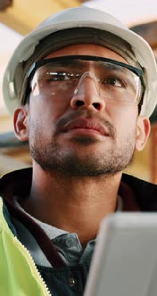 Thinking, man and construction worker on site with tablet for email with feedback on building