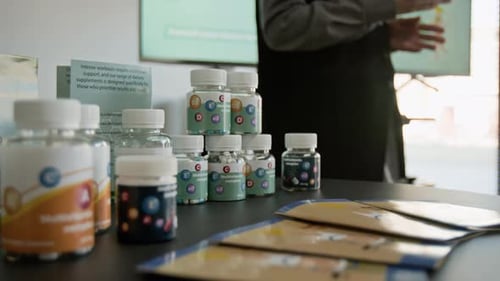 Supplement Bottles Displayed during Presentation with Presenter in Background