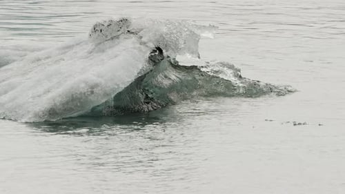 Locked off close up shot of a small Iceberg floating past in Iceland.