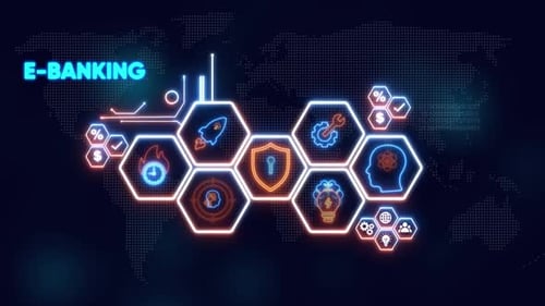 E-Banking-Technologie-Netzwerk mit Icons und Weltkarte E-Banking