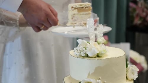 Newlyweds Cutting Wedding Cake During Reception
