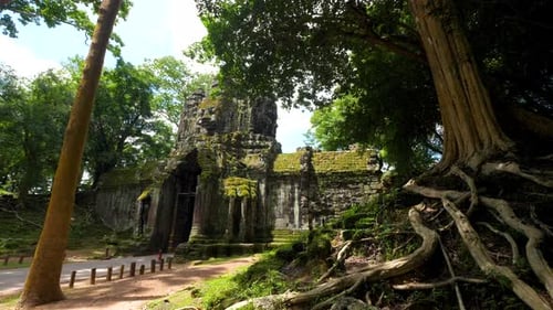 Pan shot of a morning at Bayon temple, Cambodia
