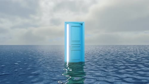 Blue door in the middle of the sea