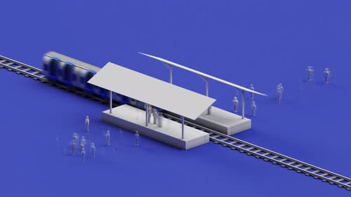Animated 3D Train Arriving and Departing at a Station