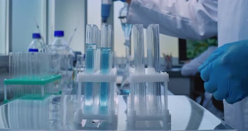 Lab Worker Pipetting Fluid Into Test Tubes
