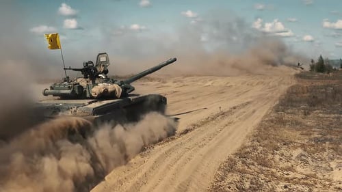Military Tank Driving in Clouds of Dust at UKRAINE WAR Closeup Aerial View Armored Combat War