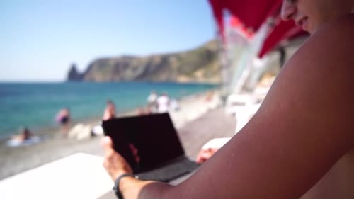 Man Laptop Sea Working Remotely on Seashore Happy Successful Man Male Freelancer Working on Laptop