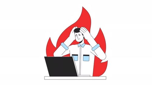 Man with Burnout at Workplace Line 2D Animation