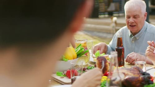 Big Family Garden Party Celebration, Gathered Together at the Table Relatives and Friends, Young an