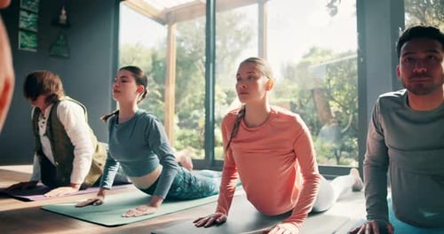 Yoga, exercise and class with stretching in studio for flexibility, holistic wellness