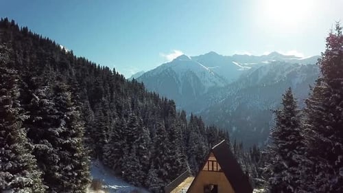 Aerial view of chalet cottages in mountain resort