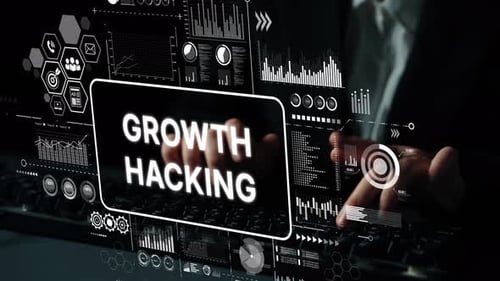 Hacker Typing Keyboard with Growth Hacking Overlay Graphics