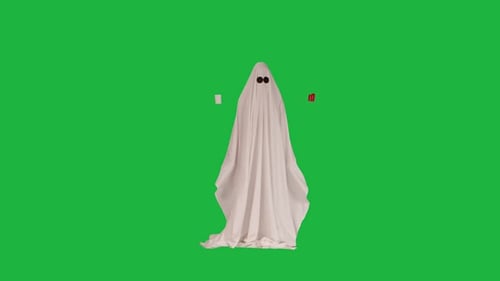 Halloween Ghost in White Sheet with Red and White Candles Floating in the Air Isolated on Chroma Key