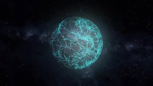 Vernetzung: Planet dreht sich, Plexus-Planetenkugel, rotierende Sterne, Milchstraße, Galaxie im Weltraum. 1602