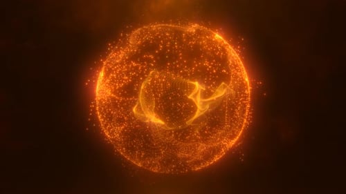 Abstract round yellow orange sphere light bright glowing from energy rays and magic waves