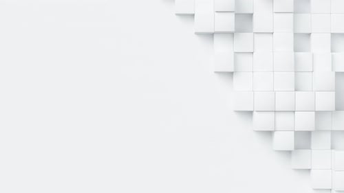 Weiße Würfel mit zufälliger Größe, Move and Grow Loop, Platz für Text auf der linken Seite, abstrakter 3D-Renderer