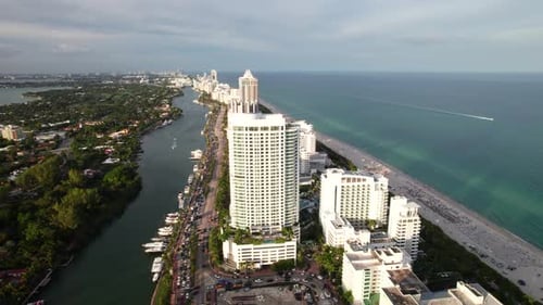 Panoramic drone shots of hotels and resorts along Miami Beach, Florida