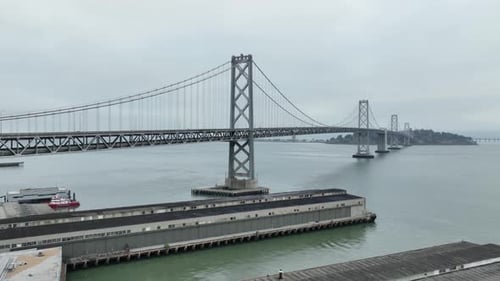 Aerial of the bay bridge and downtown San Francisco