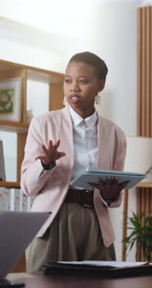 Business, talking and woman with tablet for presentation in office, insurance proposal and idea