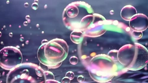 Magical Iridescent Bubbles Floating Over Dark Water