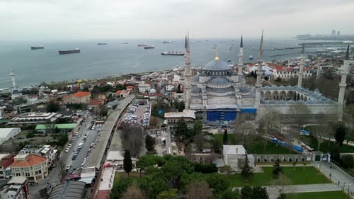 The Blue Mosque in Istanbul sideways drone shot