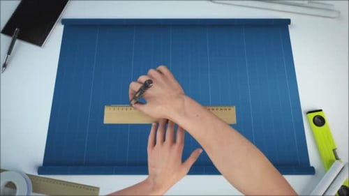 Hands Drawing on Blueprint with Ruler and Pen Animation