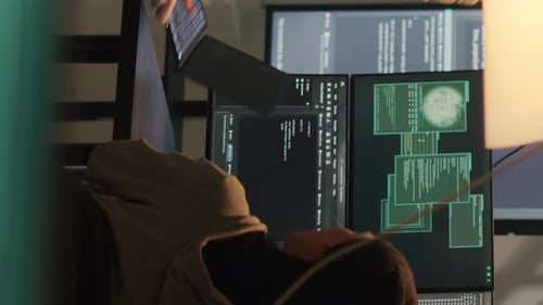 Young Adult Coding at Multiple Computer Monitors