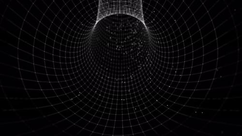 Digital black tunnel. Graphic tunnel looped white on black background with flying particles. Geometr