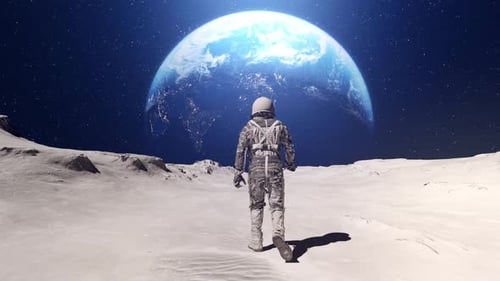 3D Astronaut Walking on Moon Towards Earth with Stars