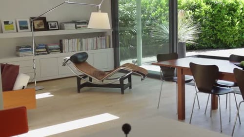 WS, Track,view on living room and kitchen in contemporary house, UK