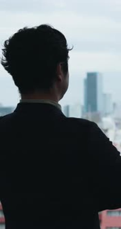 Thinking, back or businessman in agency with insight, mindfulness or inspiration for company growth