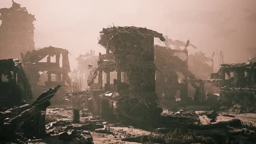 Abandoned Ruins of a Decimated City Under a Hazy Sky at Dusk