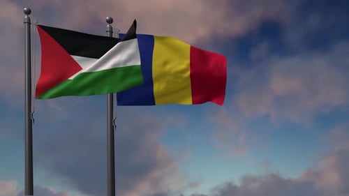 Palestine and Chad Flags Waving on Flagpoles against a Cloudy Sky