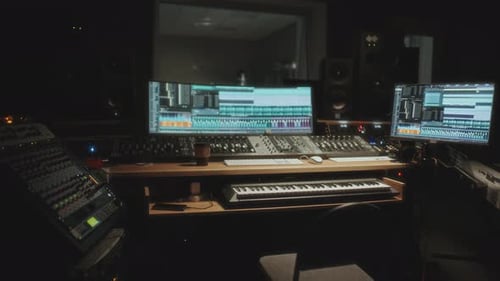 Interior of Music Production Studio with Professional Recording Equipment