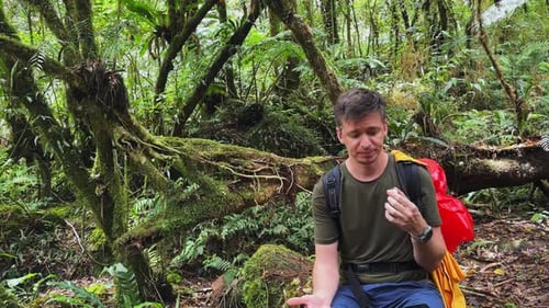 Man Talking in Lush Green Tropical Forest