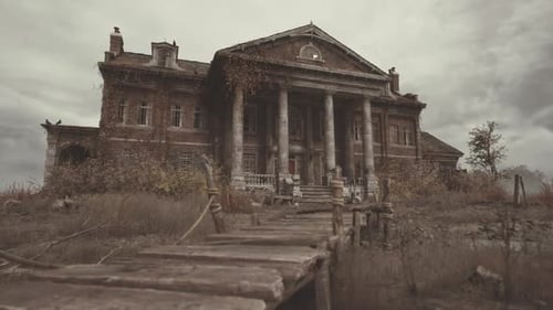 Dilapidated Mansion with Overgrown Foliage and Gloomy Sky