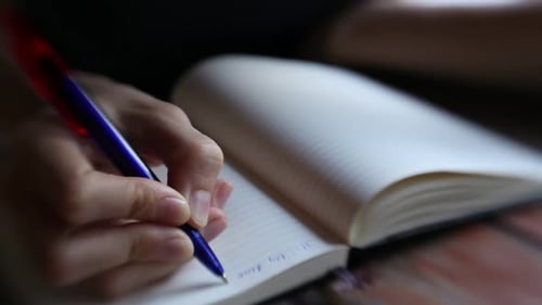 Synergy Collection: Close-up view of a person's hand holding a pen and writing in a diary