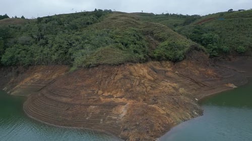 Aerial Drought Lake. Low Water Level. Pull Back. Lake Calima. Valle del Cauca. Colombia