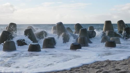 Static slow motion shot of tetrapods located at the beach of Hörnum at the island of Sylt. The concr