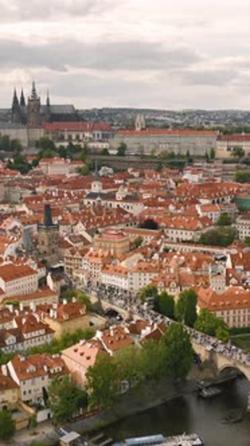 Aerial View of Prague Cityscape with Charles Bridge and Prague Castle
