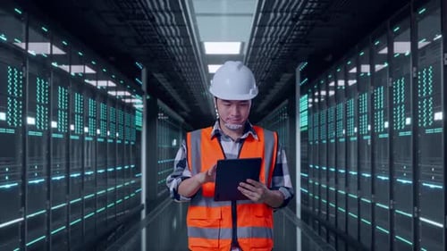 Asian Male Use Tablet While Walking in Data Center