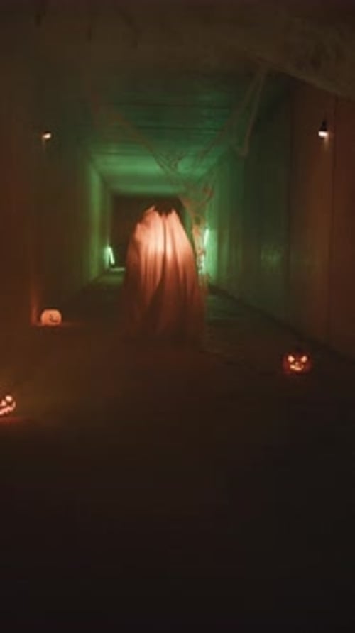 Spooky Ghost Figure in Halloween Themed Tunnel
