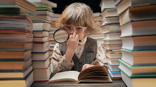 Clever Little Researcher Boy Reads Book with Magnifying Glass in Library Cute Preschooler in Glasses